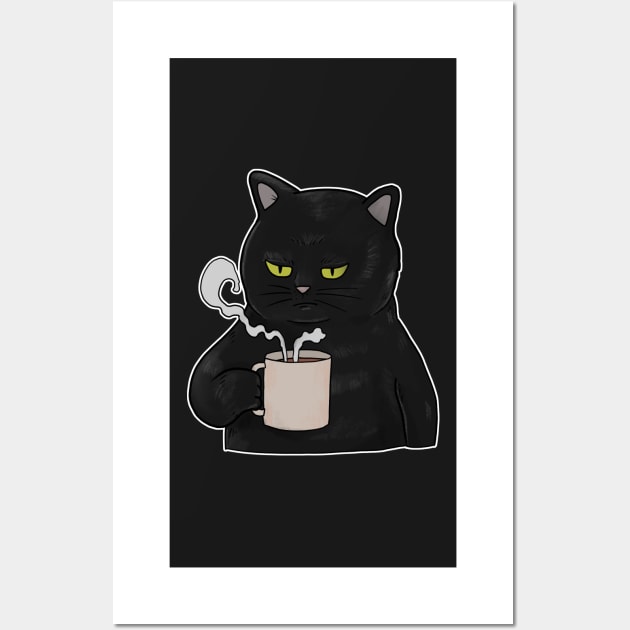 Grumpy Black Cat with Coffee Morning Grouch Wall Art by Mesyo